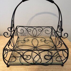 Black Twisted Wire Basket w Glass Bottom Insert, Wire Handle,Footed